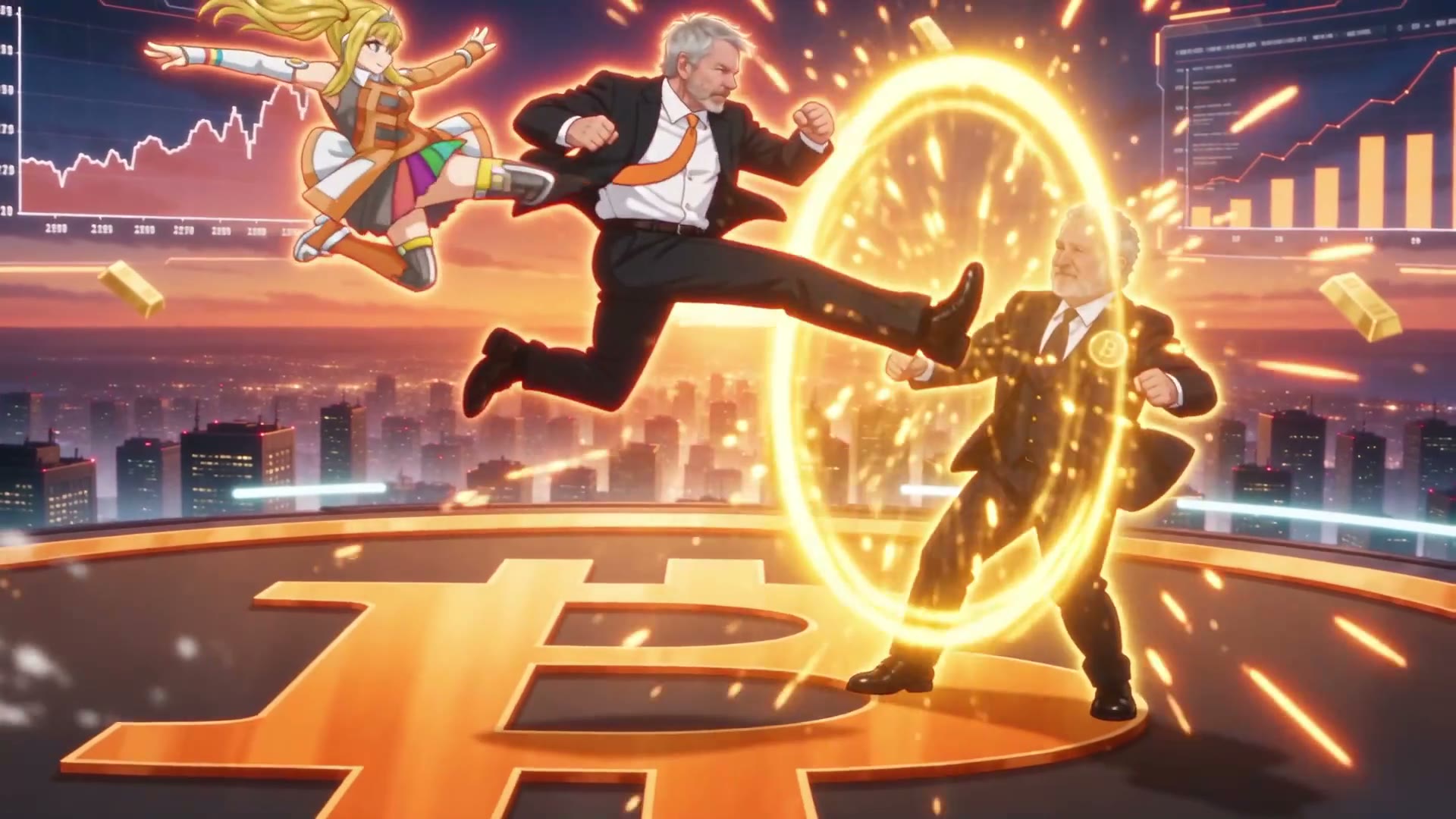 The Bitcoin girl lands a flying kick on a suited banker on a rooftop shaped like a Bitcoin coin.
