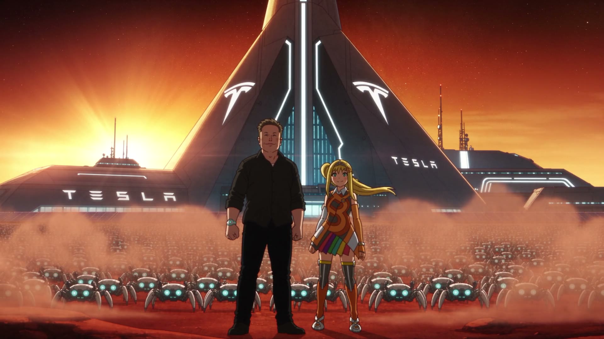 Elon Musk and the Bitcoin girl stand before a Tesla pyramid on Mars with an army of robots behind them.